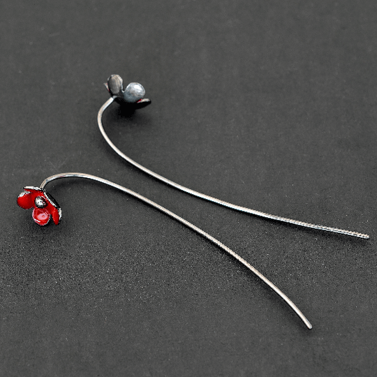 Μαύρο ανθρακί Καρφωτά σκουλαρίκια "λουλούδια με μίσχο" από ασήμι 925 - κοσμήματα emmanuela